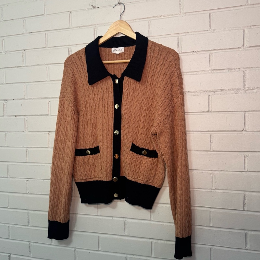 Marled Women’s Tan and Black Cable Knit Cardigan Size XL EUC